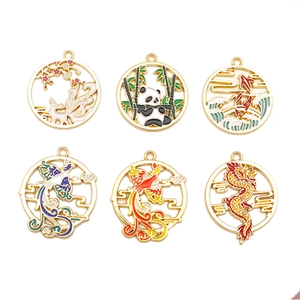 Set of 6 Chinese-style round enamel pendants featuring dragon, phoenix, and panda motifs