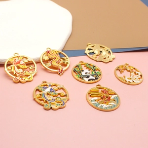 Detailed shot of Chinese style alloy enamel charms featuring dragon and panda motifs