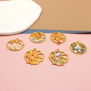 Detail of six colorful Chinese style enamel alloy round pendants for DIY jewelry making