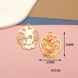 Detailed macro view of Chinese style dragon and phoenix enamel alloy pendants with size markers.