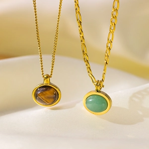 Collier Pendentif Ovale En Pierre Naturelle Oeil De Tigre Vert Acier Inoxydable Plaqué Or 18K Bijoux Vintage