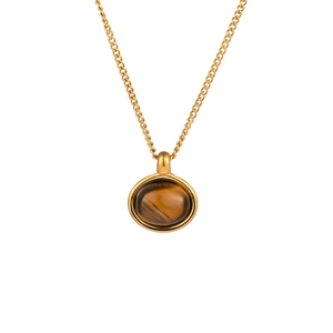 Collier avec pendentif ovale en œil de tigre sur chaîne en acier inoxydable plaqué or 18K