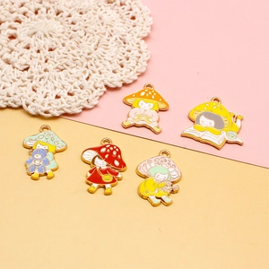 Detailed view of cute mushroom girl alloy enamel charms for DIY jewelry making accessories
