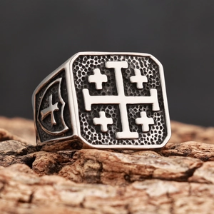 Jerusalem Cross Signet Ring Stainless Steel Vintage Gothic Punk Men Square Finger Band Jewelry