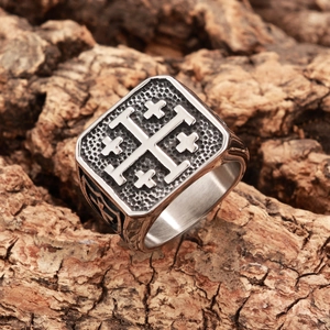 Vintage stainless steel Jerusalem Cross signet ring with aged finish and embossed detail