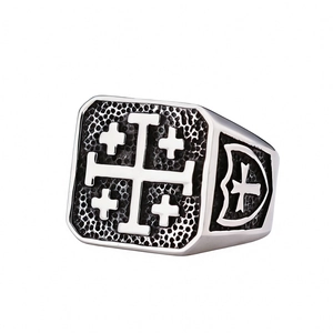 Vintage stainless steel Jerusalem Cross signet ring with aged finish and textured details