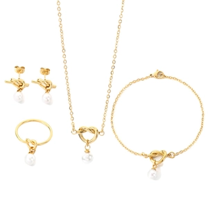 Elegante set di gioielli in acciaio inossidabile dorato con design a nodo e perle finte