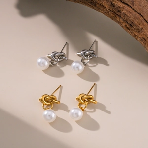 Knot Artificial Pearl Drop Earrings Titanium Steel With Stainless Steel Earring Post Light Luxury French Vintage Style Women