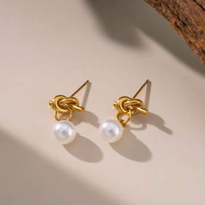 French vintage gold knot earrings with elegant round pearl pendants for women
