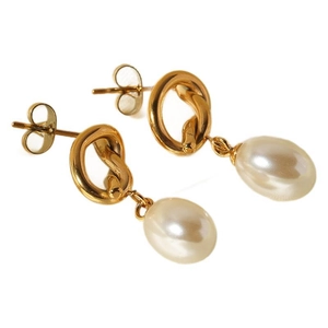 French vintage gold knot drop earrings with elegant white oval pearls on white background