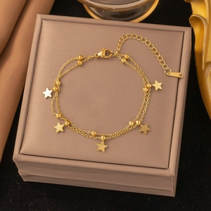 Double-layer 18K gold-plated stainless steel anklet with star charms and beads
