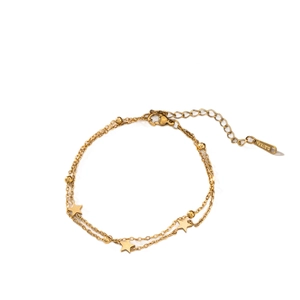 Double-layered 18K gold stainless steel anklet with stars and round beads on white background
