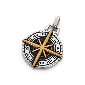 Vintage stainless steel compass rose pendant for men with golden nautical star