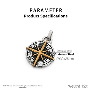 Detail view of punk style stainless steel compass pendant with dimensions and weight