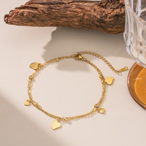 Heart Charm Anklet Stainless Steel Double Layer Gold Plated Adjustable Foot Chain Jewelry For Women Elegant Stylish