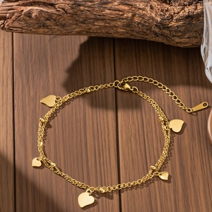 Golden titanium steel double-layer anklet with five smooth heart-shaped pendants