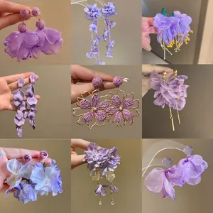 Lila Stoff Blume Quaste Ohrstecker Für Damen 925 Sterling Silber Ohrstecker-Stift Süße Florale Hänger Ohrringe Schmuck Geschenk