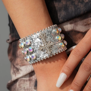 Cross Leather Bracelet Rhinestone Inlaid Glitter Wide Wrap Cuff For Party Vintage Exaggerated Women Fashion Hand Jewelry Gift