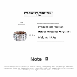 Detail view of leather rhinestone cross bracelet with dimensions and material specifications