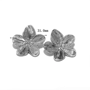 Detailed view of 31mm silver flower earrings featuring fine radial brushed metal texture