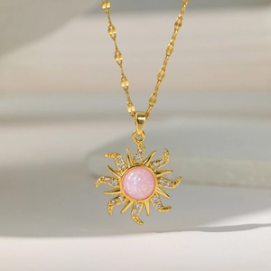Sunflower Sunburst Pendant Necklace Gold Plated Stainless Steel Chain Copper Pendant With Pink Opal Zircon For Women