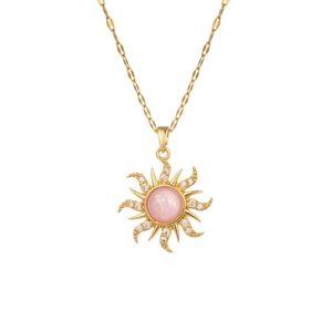 Titanium steel sun pendant necklace with pink opal center and cubic zirconia accents