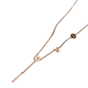 Minimalist rose gold LOVE letter necklace with a sleek vertical bar pendant on white background
