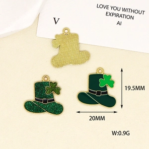 Detailed view of St. Patrick's Day green hat charms with measurements and weight