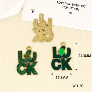 Detailed view of green enamel LUCK charm with clover and product dimensions