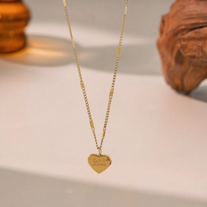 Stainless Steel Heart Pendant Necklace With Love Letter Engraved Minimalist Polished Fashion Jewelry For Women