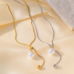 Minimalist Artificial Pearl Pendant Necklace Titanium Steel Adjustable Snake Chain Y Shape Long Sweater Chain Elegant Jewelry Women