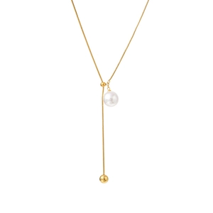 Minimalist gold Y-shaped pearl sweater necklace with adjustable slider and bead charm