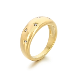 Elegante anello a cupola in acciaio inossidabile dorato con incisioni di stelle e cristalli