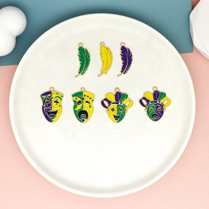 Enamel Mardi Gras carnival mask and feather charms for DIY jewelry making