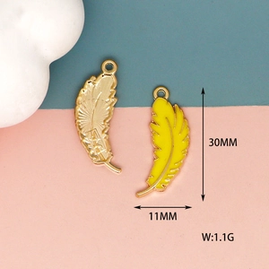 Detailed view of a yellow enamel feather charm including dimensions and weight information
