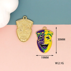 Close-up detail of carnival mask enamel charm showing 30x19mm dimensions and weight.