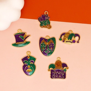 Mardi Gras Carnival Alloy Enamel Charms For Jewelry Making Purple Green Gold Glitter Mask Jester Hat Fleur-de-lis Pendant DIY Accessories