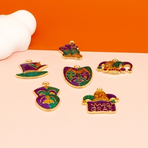 Detailed view of Mardi Gras themed joker mask alloy drip oil charms for DIY jewelry making