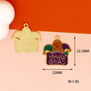 Detailed view of Mardi Gras jester mask charms with glitter enamel for jewelry making