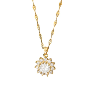 Detail of golden sunflower pendant with sparkling zircon stones and flat link chain