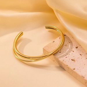 Fashionable 18K gold plated stainless steel double layer crisscross open bangle for women