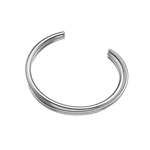 Polished silver double-layered open cuff bracelet with minimalist C-shaped metal design