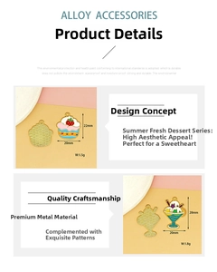 Detailed view of summer dessert enamel charms showing dimensions and alloy material info