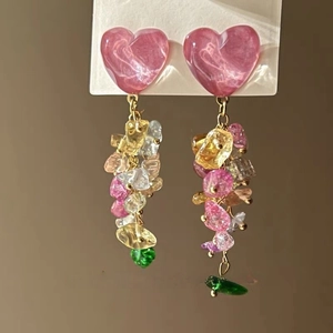 Pastoral heart-shaped earrings with colorful crushed stones for summer beach vacation style