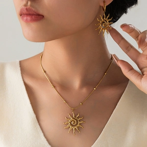 Sun Pendant Necklace And Earrings Set Stainless Steel Gold Plated Spiral Design Beaded Snake Chain Minimalist For Women