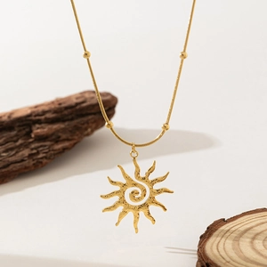 18K gold plated stainless steel sunburst spiral pendant necklace with a beaded snake chain