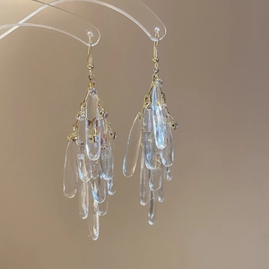 Elegant long drop earrings with clear cascading water-drop pendants in gold finish.