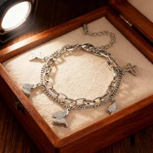 Bracelet papillon argenté à double couche avec strass dans un coffret en bois
