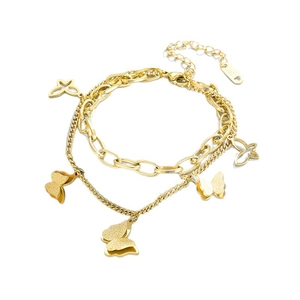 Bracelet double rangée en acier inoxydable doré avec papillons givrés au style minimaliste