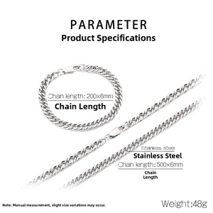 Détail du bracelet et du collier en acier inoxydable avec spécifications de longueur